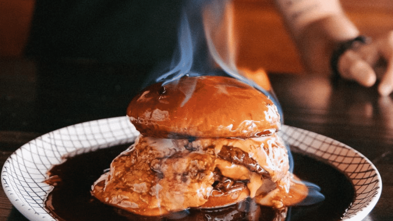 Triple Flambéed Cheeseburger At Your Table