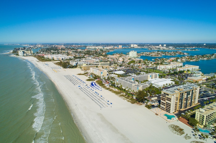 Aerial drone image of hotels and resorts on St Pete Petersburg Beach Florida USA