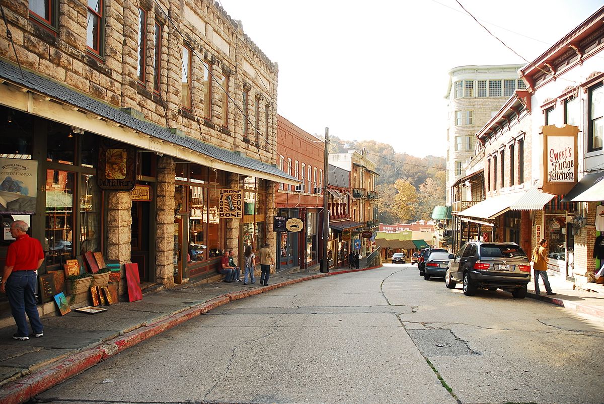 Eureka Springs, Arkansas, USA - July 5, 2021: Historic downtown Eureka Springs, AR, with boutique shops and famous buildings.